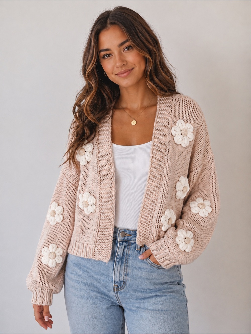 Morning Lavender Floral Appliqué Chunky Knit Cardigan